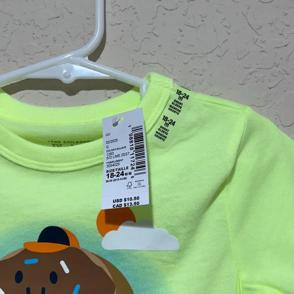 Children's Place Boys Shirt Doughnut Skateboard Graphic Tee Neon Green 18-24 M